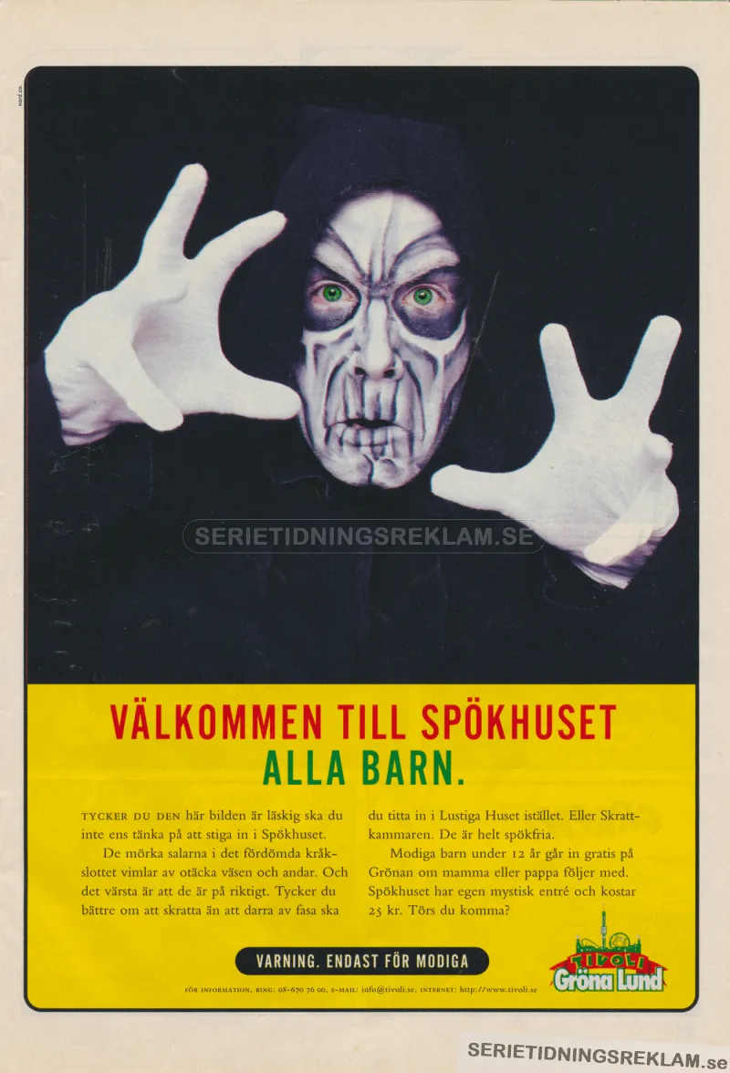 Annons för Spökhuset på Gröna Lund med ett foto av en sminkad och spök-utklädd skådespelare.
