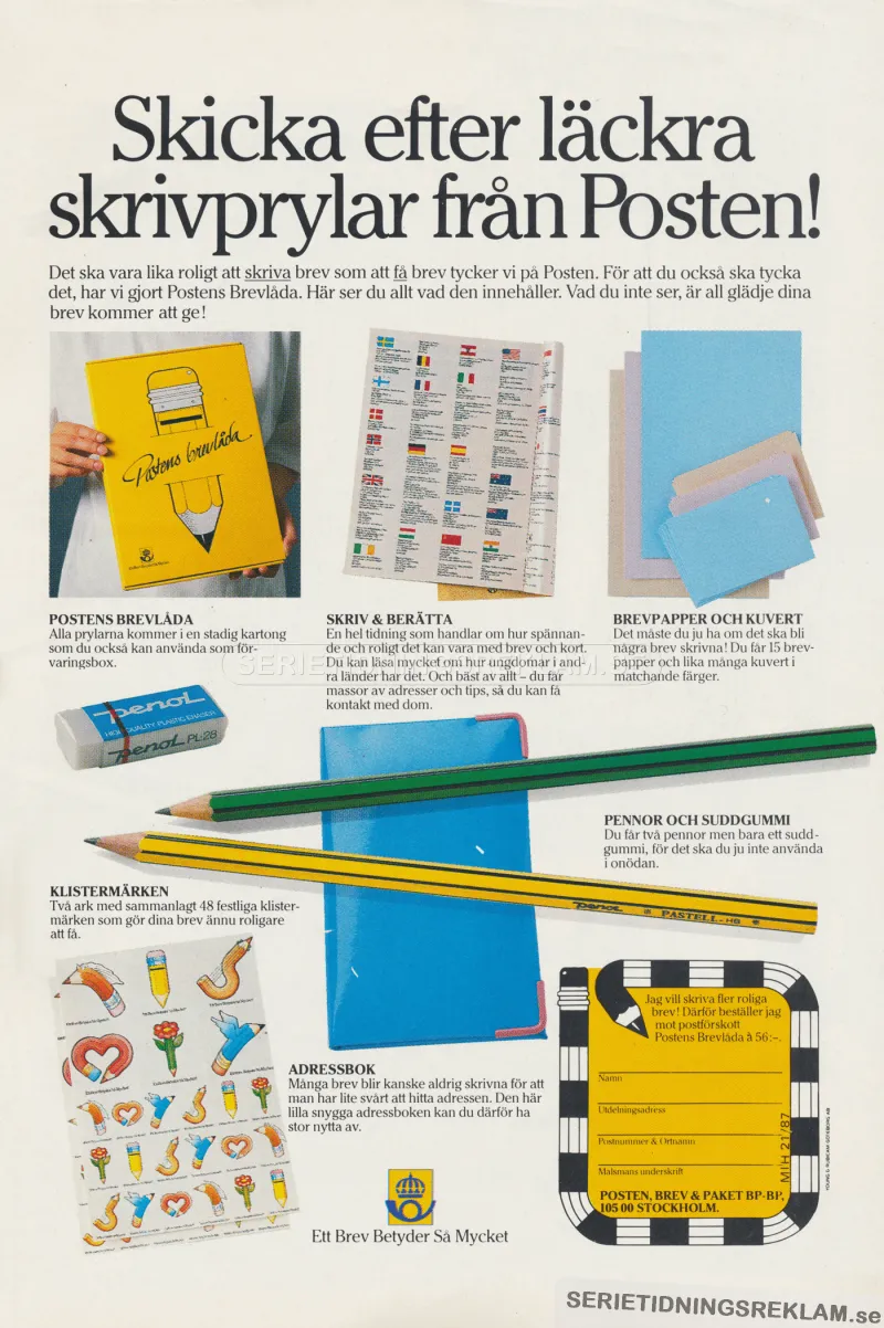 Reklam för olika skrivprylar som man kan skicka efter per postorder från Posten