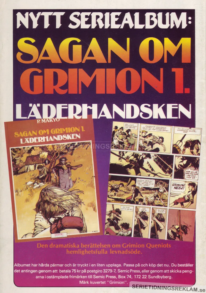 Annons för seriealbumet Sagan om Grimion: Läderhandsken