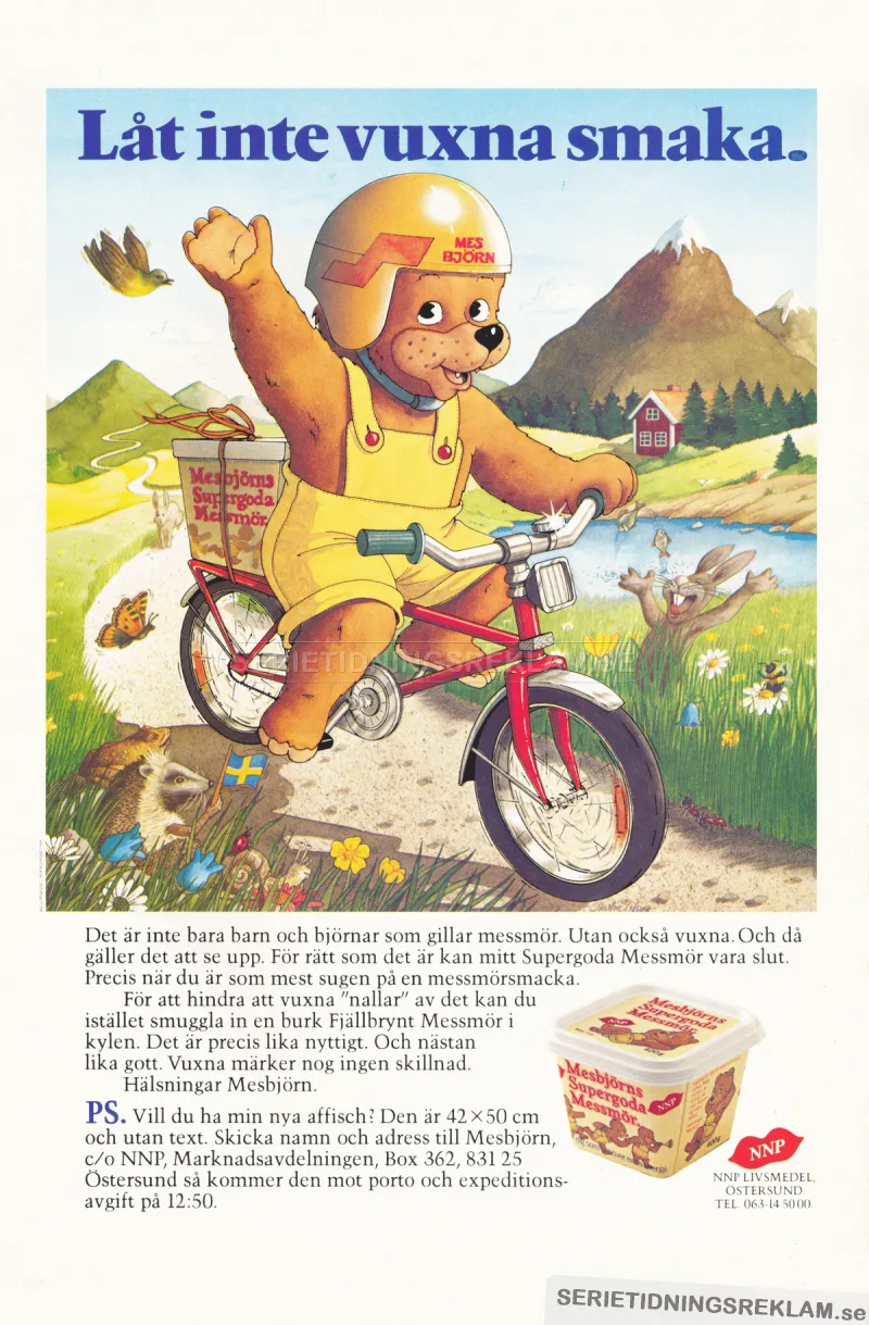 Reklam för messmör där maskoten Mesbjörn kommer cyklande på en grusväg med en förpackning messmör på pakethållaren