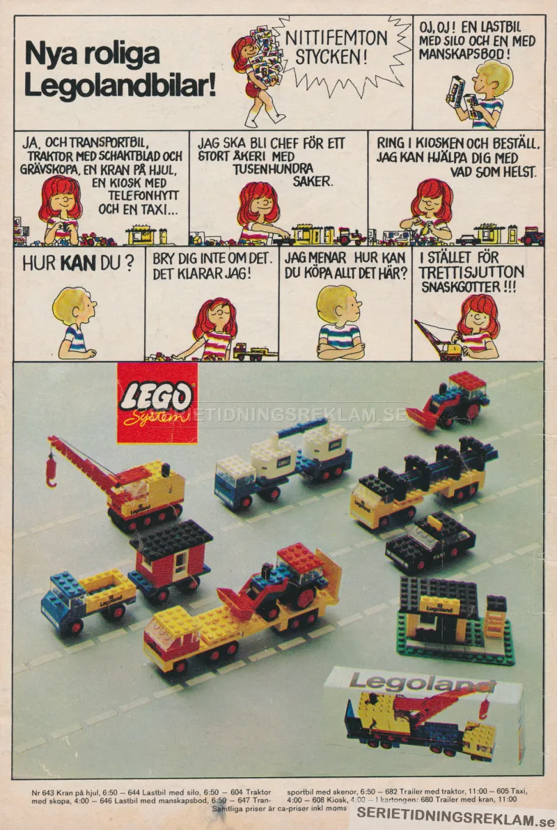 Reklam med en liten seriestripp som reklam för nya leksaksmodeller från Lego System