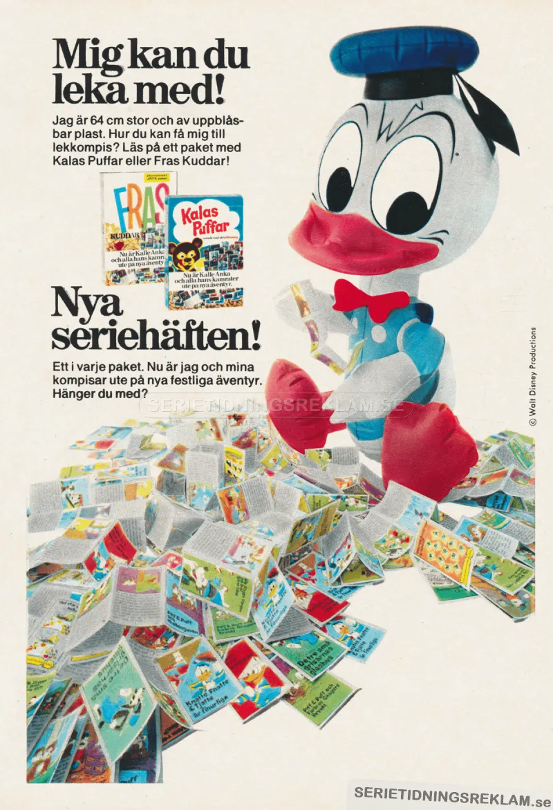 Reklam för Fraskuddar och Kalas puffar där man kan få en uppblåsbar Kalle Anka