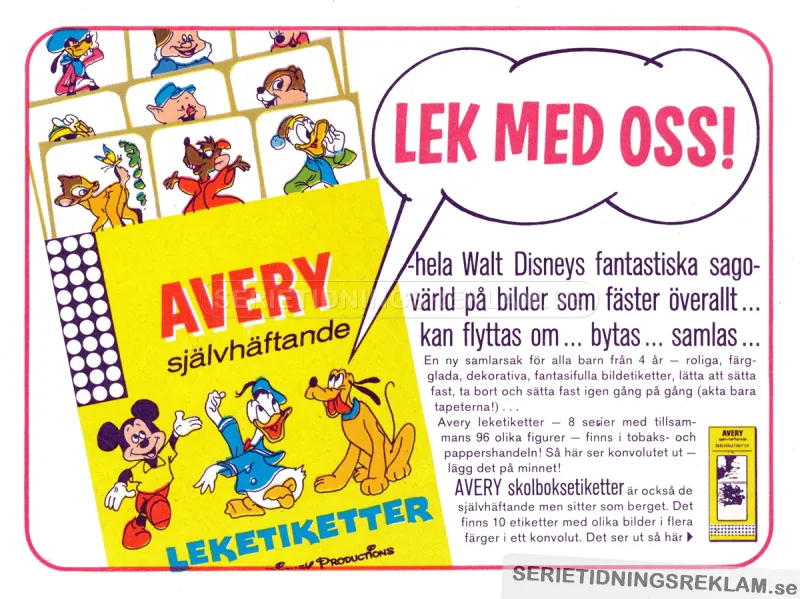 Annons för leksetiketter från Avery med motiv från Disney