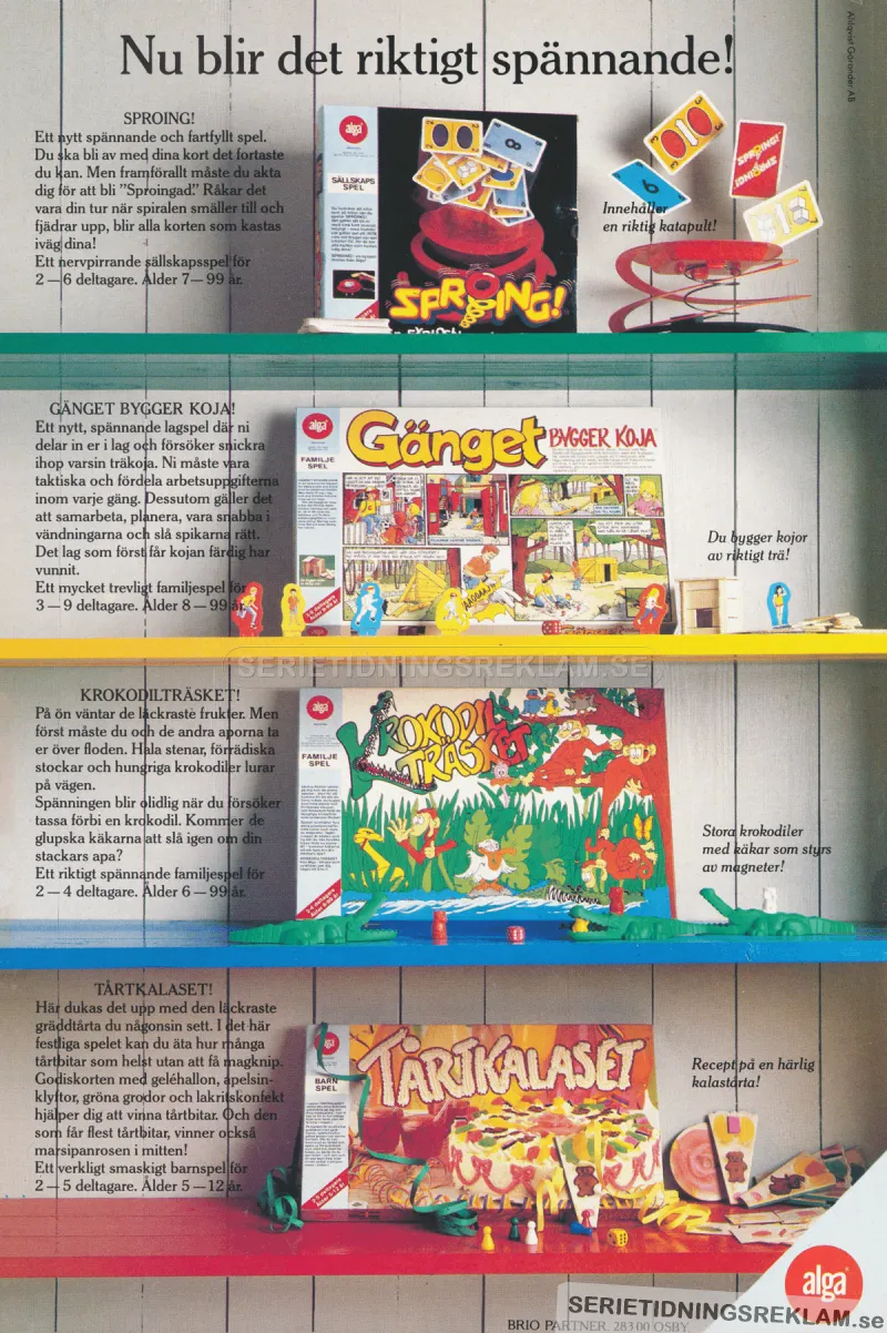 En färgglad hylla med fyra hyllplan, en för varje nytt spel från ALGA