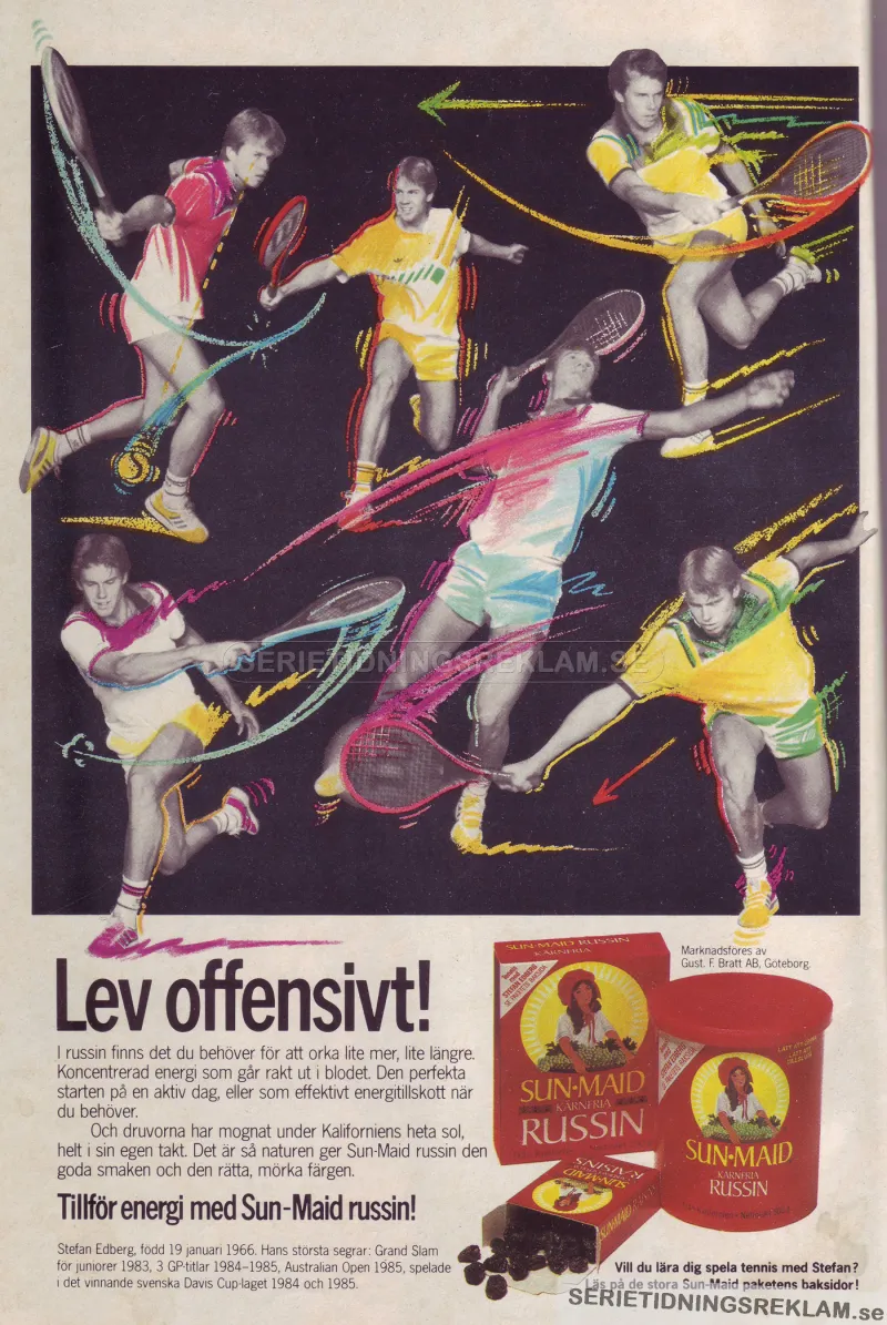 Reklam för russinprodukten Sun-Maid där en illustration av Stefan Edberg menar att det är ett bra mellanmål