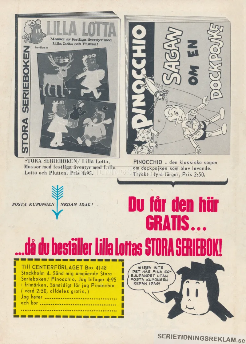 Reklam för Stora Serieboken och Pinocchio - Sagan om en dockpojke från Centerförlaget