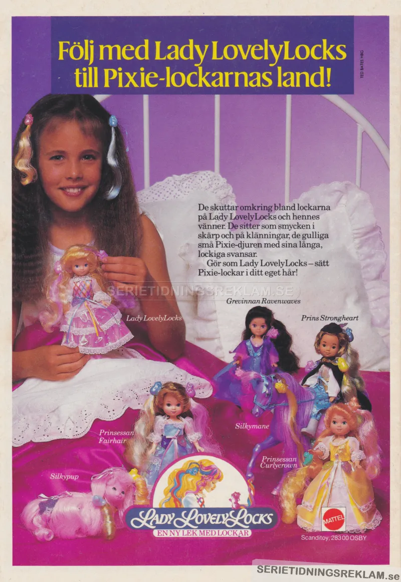 Reklam för Lady Lovely Locks och de små Pixie-djuren med sina långa, lockiga svansar som du kan sätta i ditt eget hår eller på dockorna.