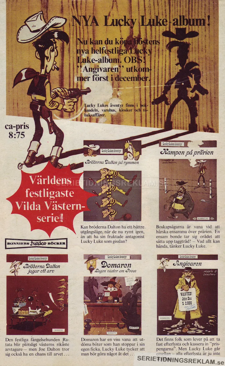 Reklam för fem nya seriealbum med cownoyhjälten Lucky Luke