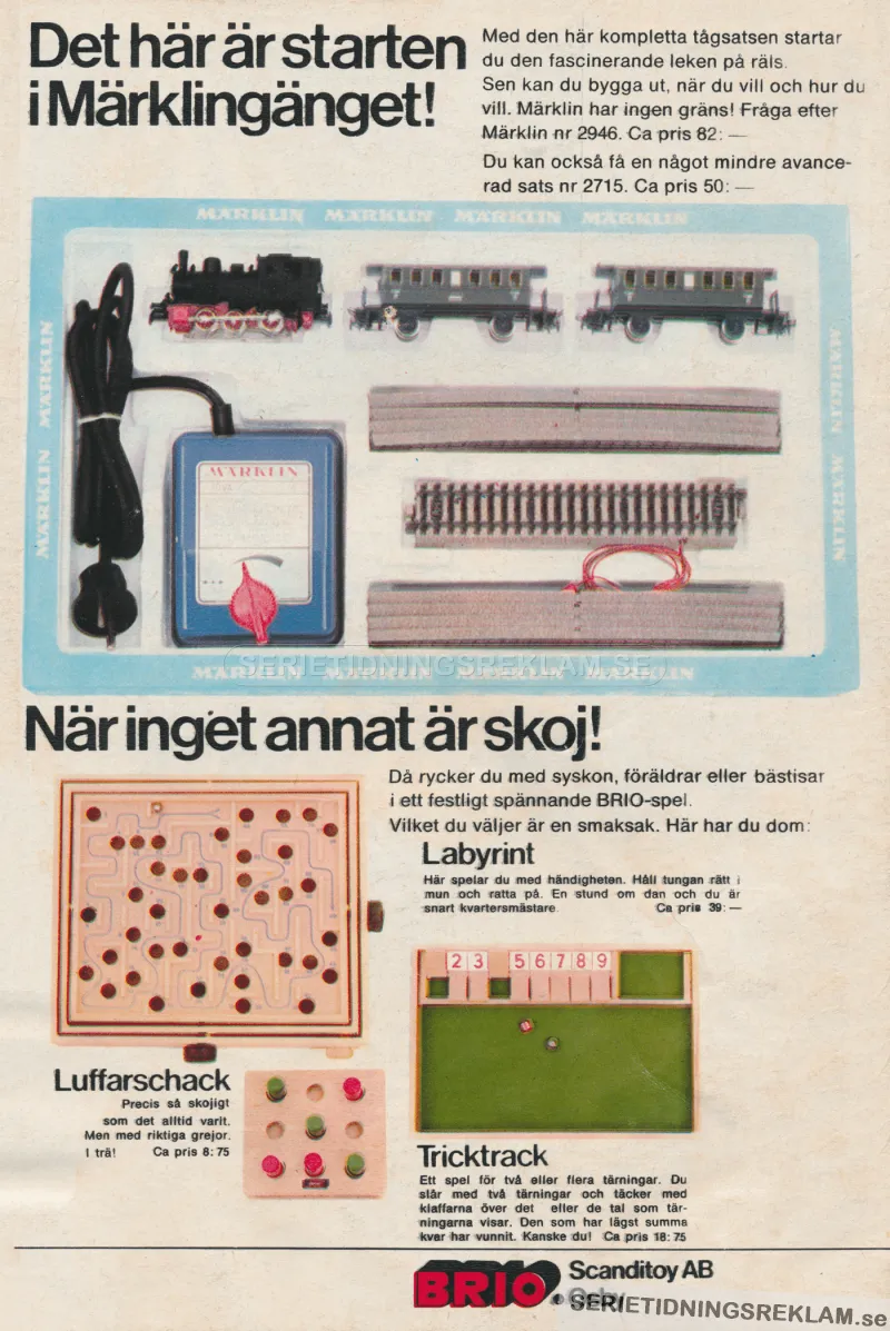 Annons för BRIO med produkter som Märklin järnväg, luffarschack, labyrintspel med mera