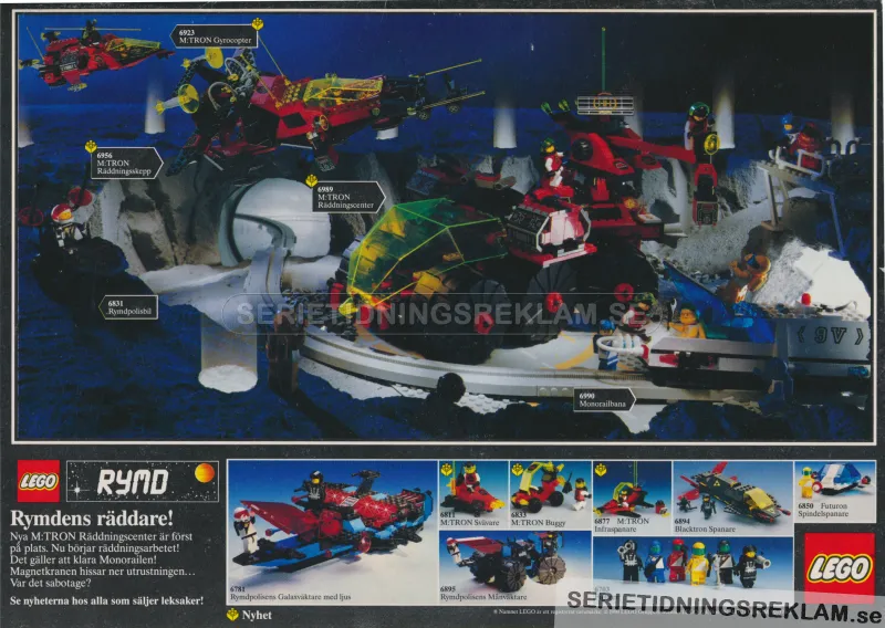Reklam för nyheter hos LEGO, där rymdserien M:TRON är temat i annonsen. Flera olika byggsatser visas upp, bland annat en häftig monorailbana