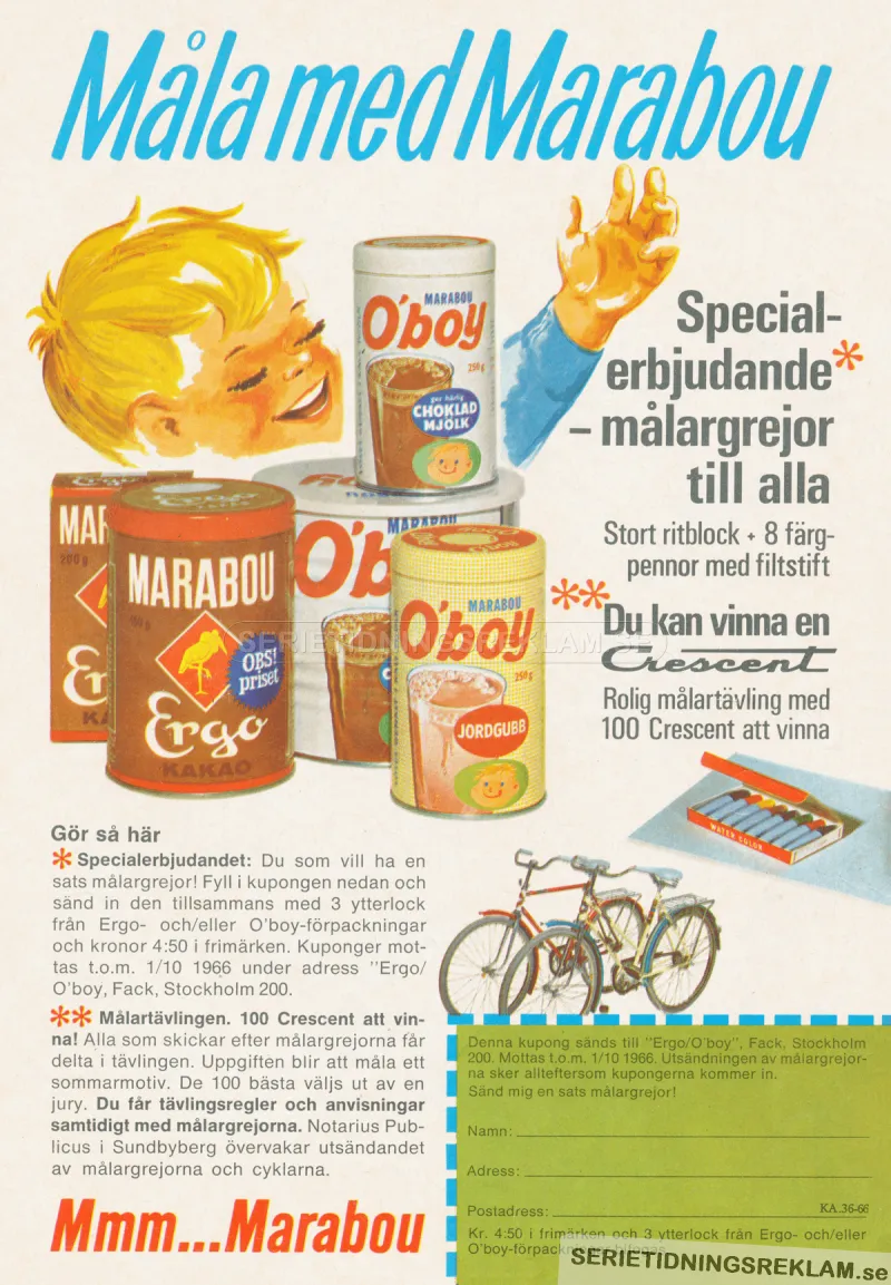 Reklam i tävlingsform för chokladdrycken O'boy från Marabou