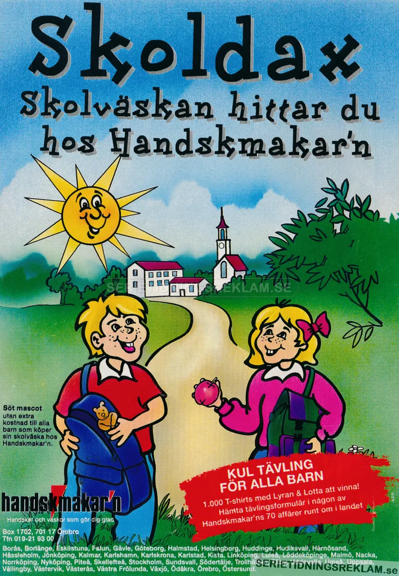 En ritad reklam för skolväskor från Handskmakar'n med två skolbarn som är på väg till skolan