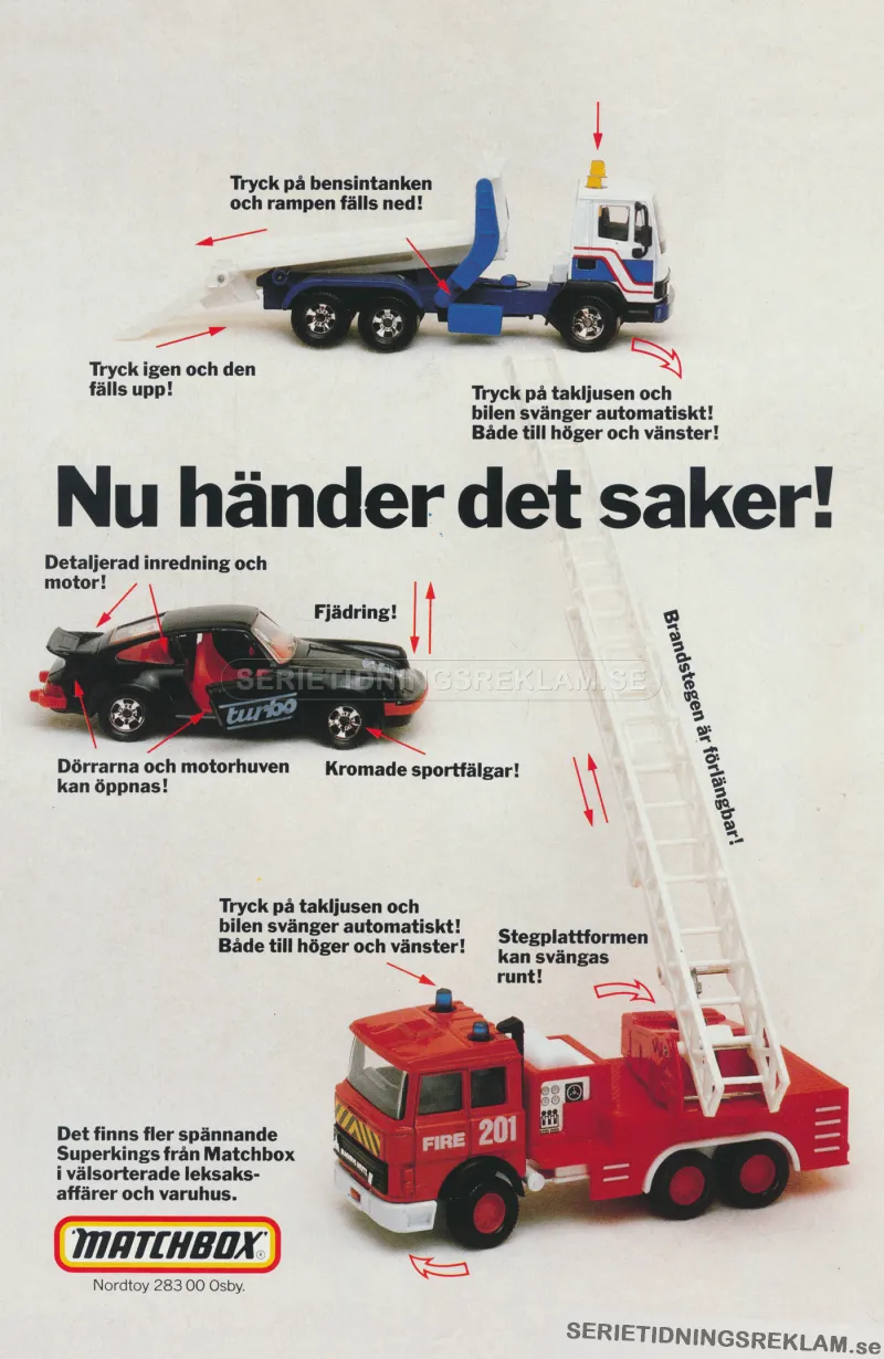 Annons för Matchbox leksaksbilar där det går att vrida på saker och trycka på knappar också händer det saker