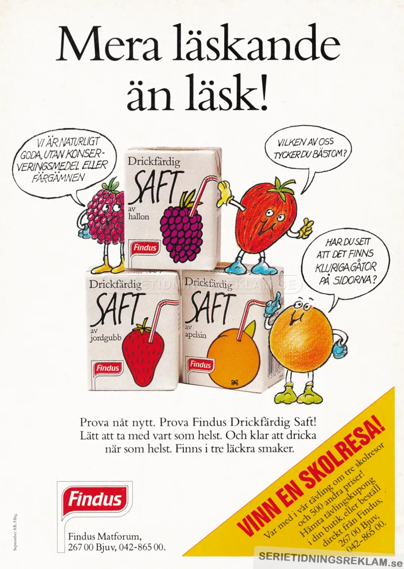 Annons för drickfärdig saft från Findus i lagom stor tetrapak