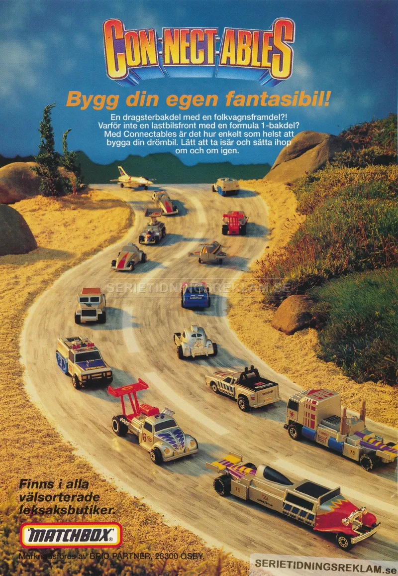 Annons för leksaksbilsserien Connectables från Matchbox där man kan sätta ihop bildelar med varandra och skapa helt nya konstellationer