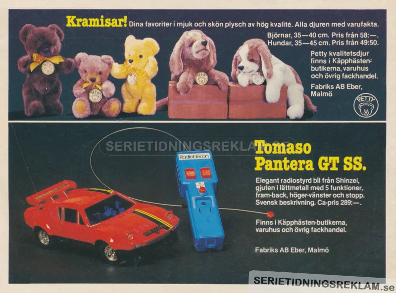 Reklam för radiostyrd bil och mjukisdjur från Petty