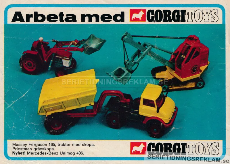 Reklam för grävskopa, lastbil och traktor med frontlastare från Corgi Toys