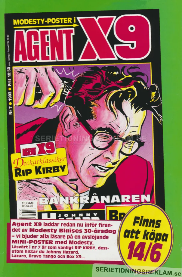 Reklam för serietidningen Agent X9 som lyfter fram att serien Modesty Blaise fyller 30 år