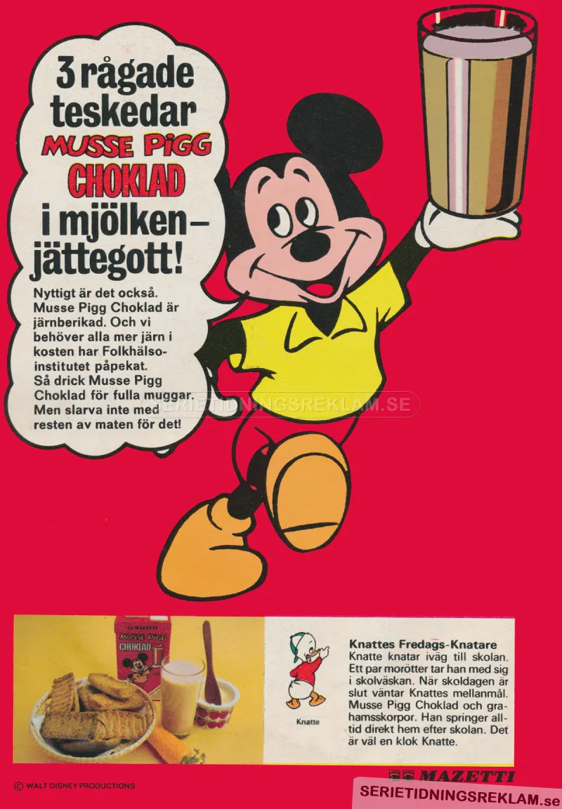 Reklam för Mazetti chokladdryck med Musse Pigg på omslaget