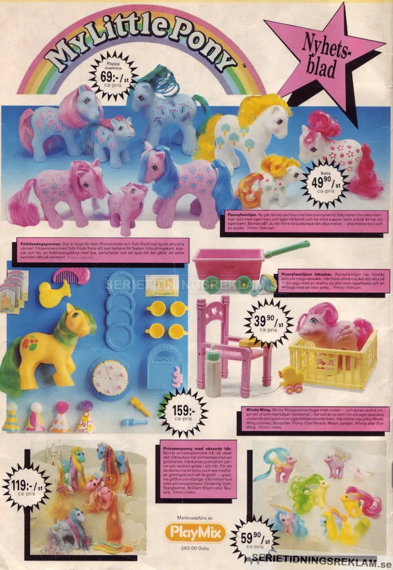 En massa bilder på hästar och tillbehör i serien My Little Pony. Reklam från distributören Playmix.