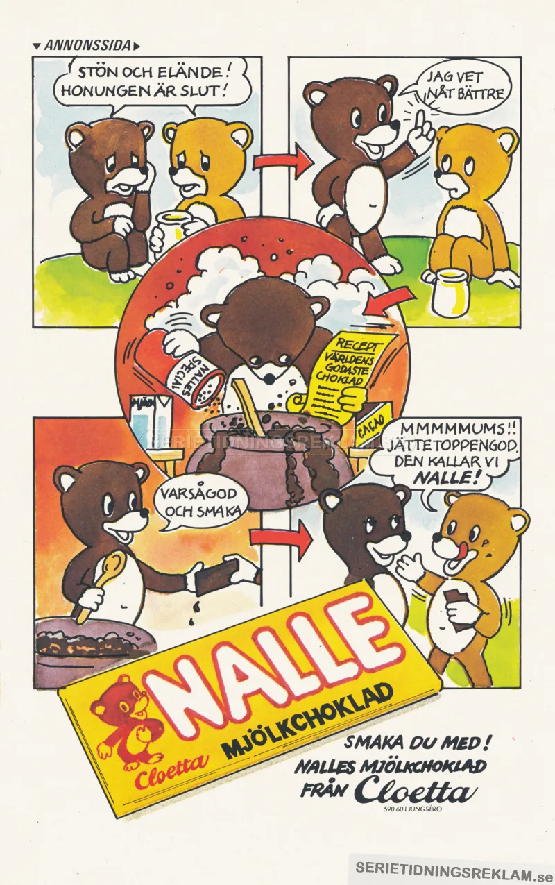 Reklam i serieform där Nalle uppfinner sin Nalle Mjölkchoklad