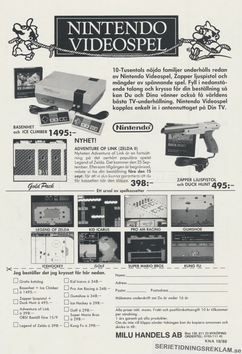 Reklam för att köpa såväl Nintendos basenhet och spel från Milu Handels AB