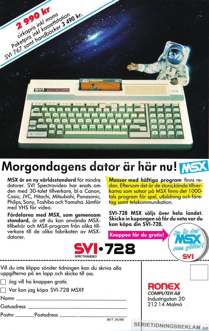 Reklam för den nya hemdatorn SVI-728 MSX