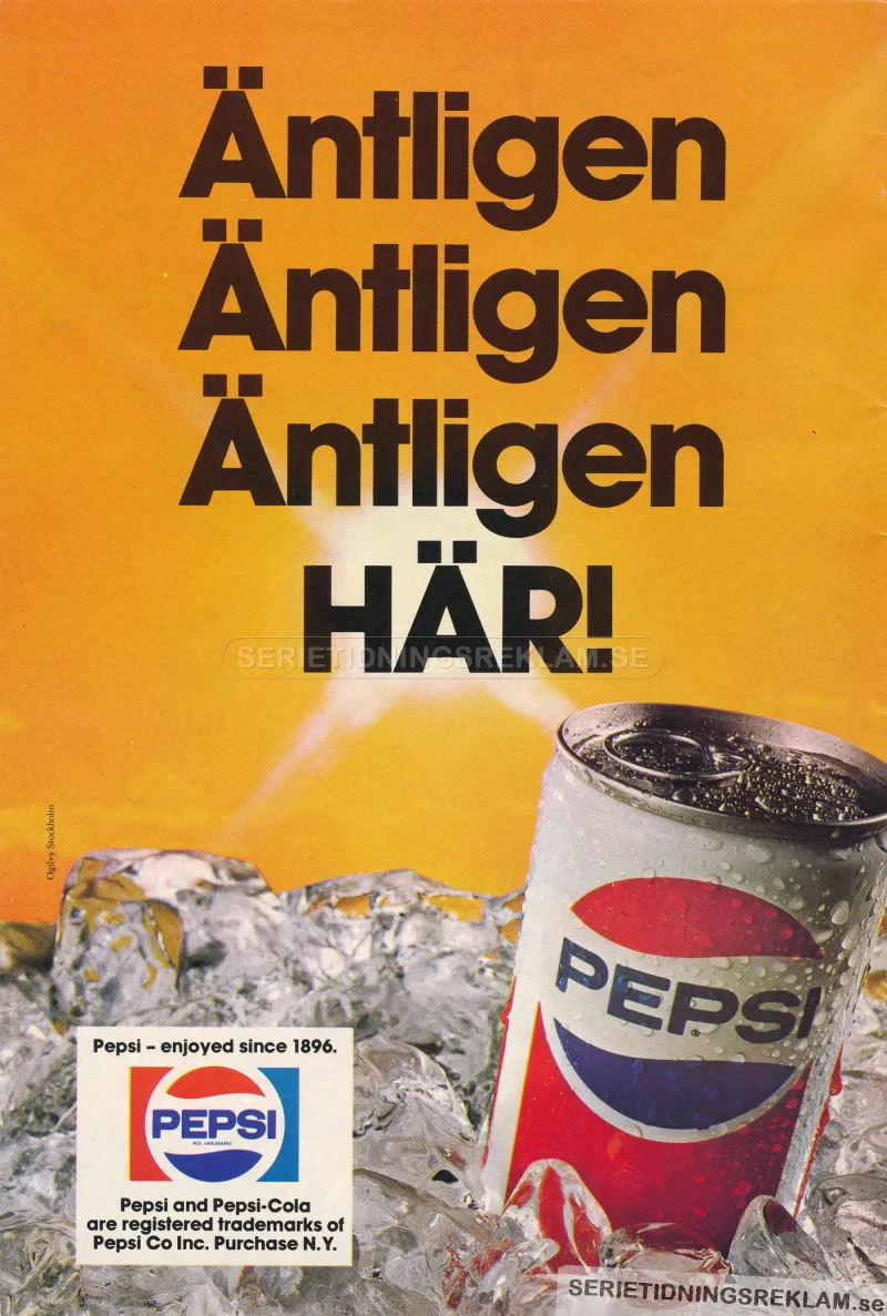 Reklam för Pepsi där man ser en läskeburk i en hög med isbitar