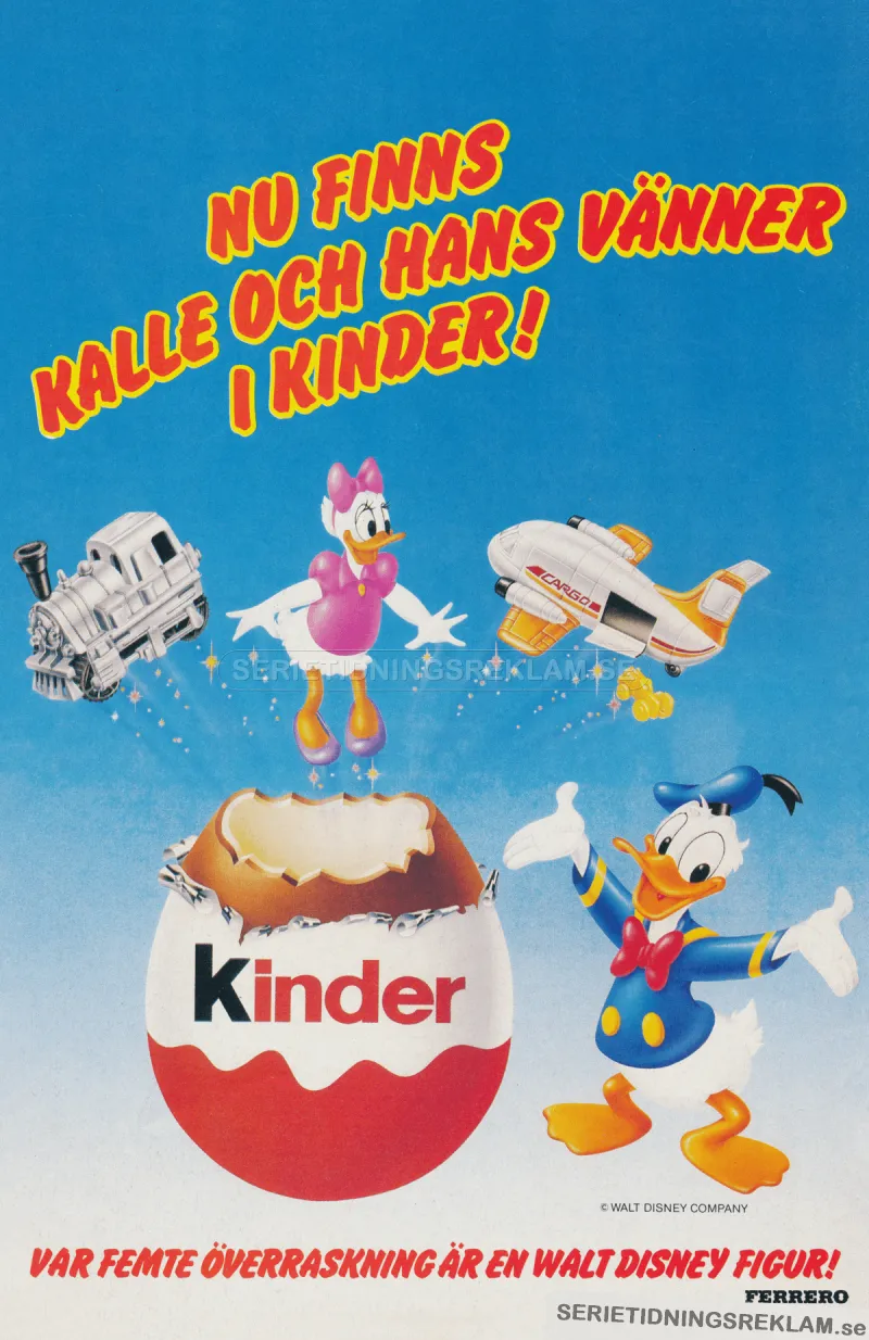 Reklam för Kinder-ägg där man berättar att man i vart femte ägg kan få en Disney-figur nu