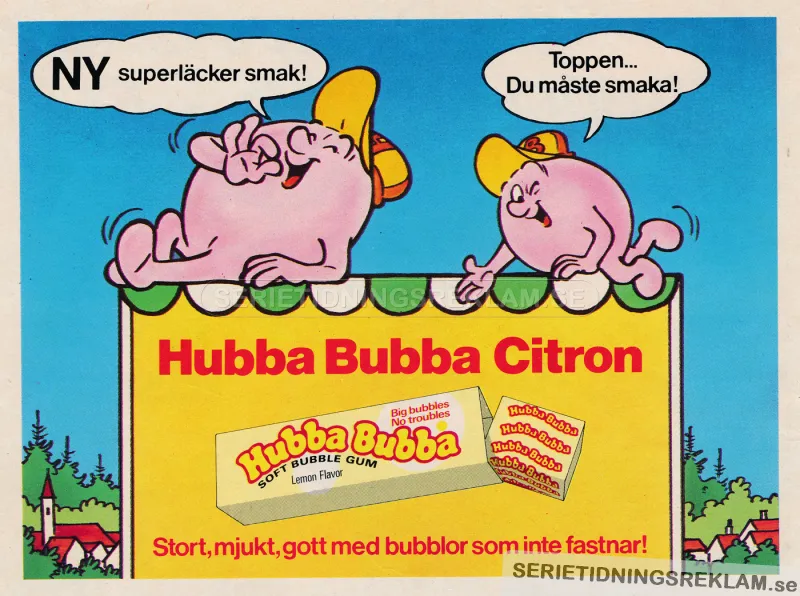 Reklam för tuggummit Hubba Bubba där de två maskotarna Hubba och Bubba pekar på en förpackning med den nya smaken citron