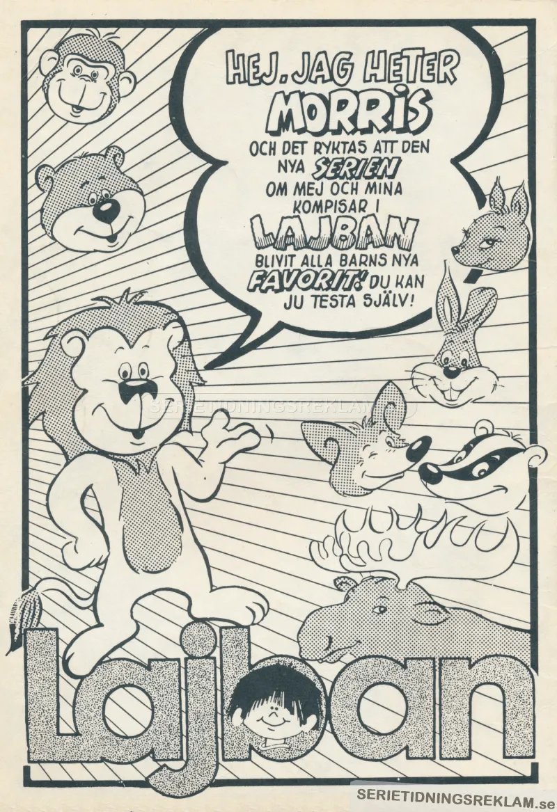 Reklam för nya seriefiguren Morris i svenska serietidningen Lajban