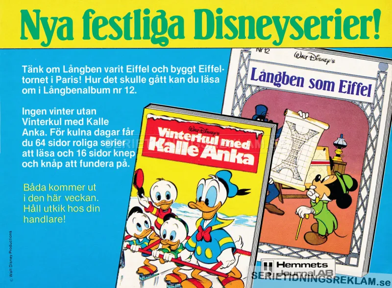 Reklam från Hemmets Journal AB som visar upp ett par nya album från Disney