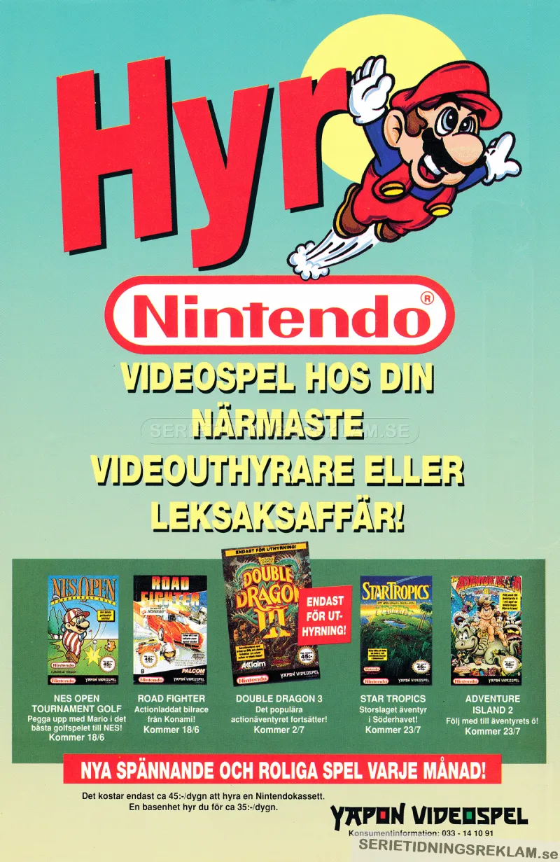 Reklam för uthyrning av Nintendo videospel från Yapon