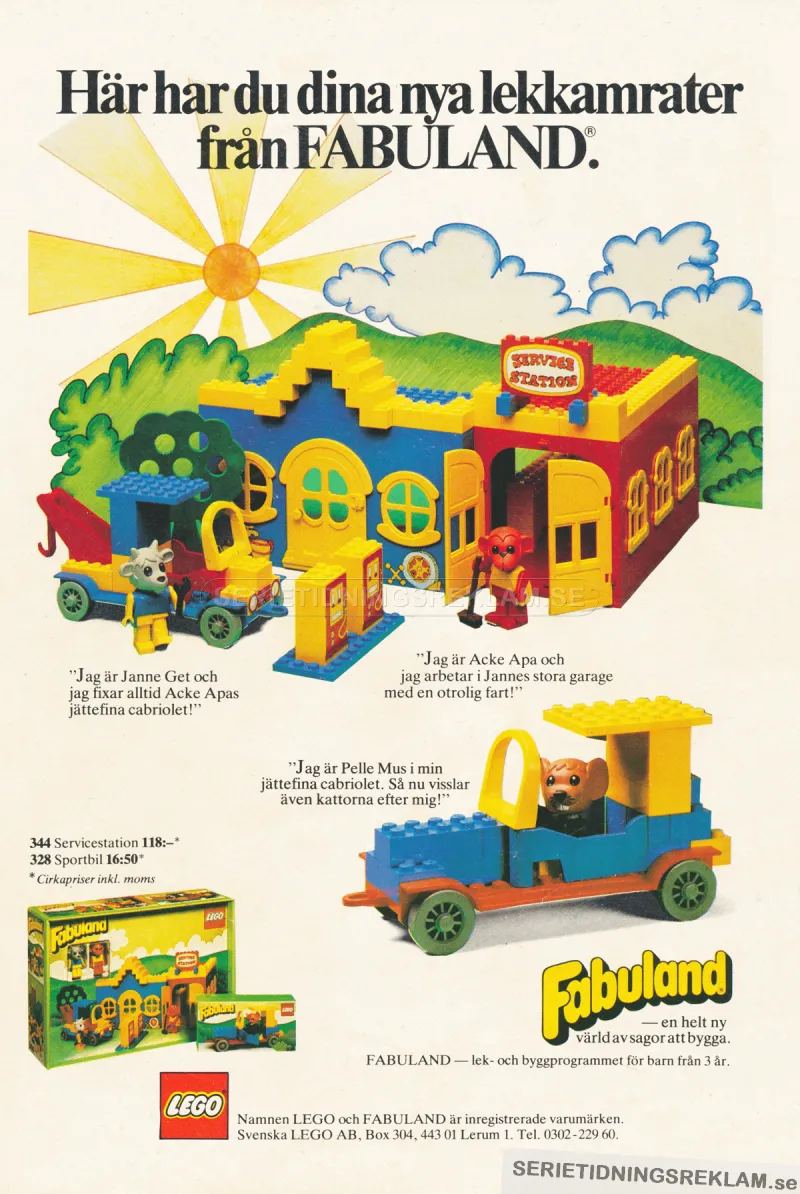 Annons för LEGO Fabuland med uppbyggda hus och bilar