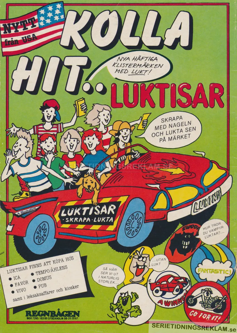 Illustration av ett gäng ungdomar i en bil som håller i klistermärken som luktar när man skrapar på ytan på dem