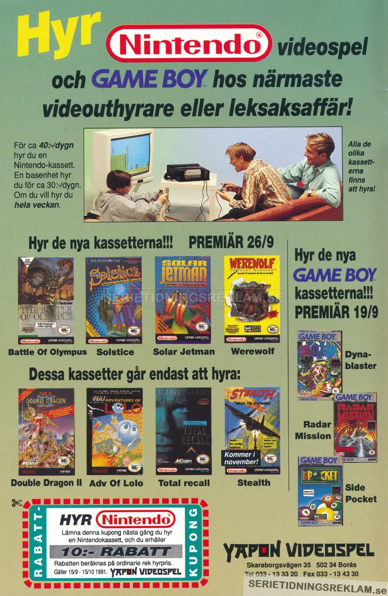 Reklam för Yapon Videospel som hyr ut Nintendo basenhet och Gameboy