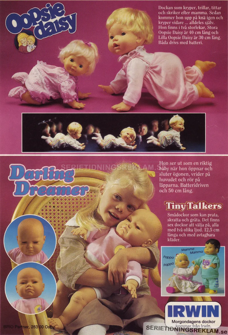 Reklam för olika dockor från Irwin som saluförs av BRIO Partner