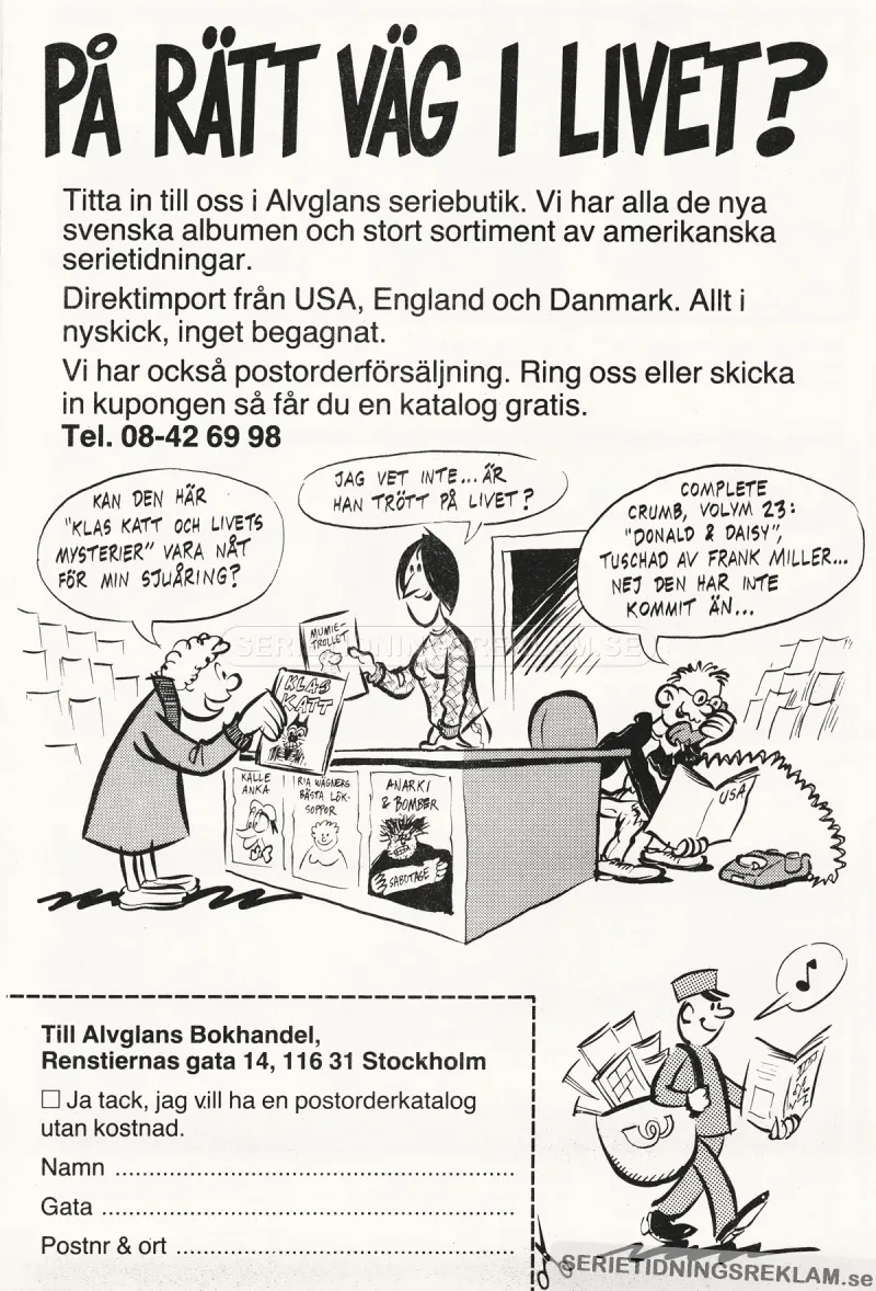 Reklam för seriebutiken Alvglans som säljer serietidningar i butik och per postorder