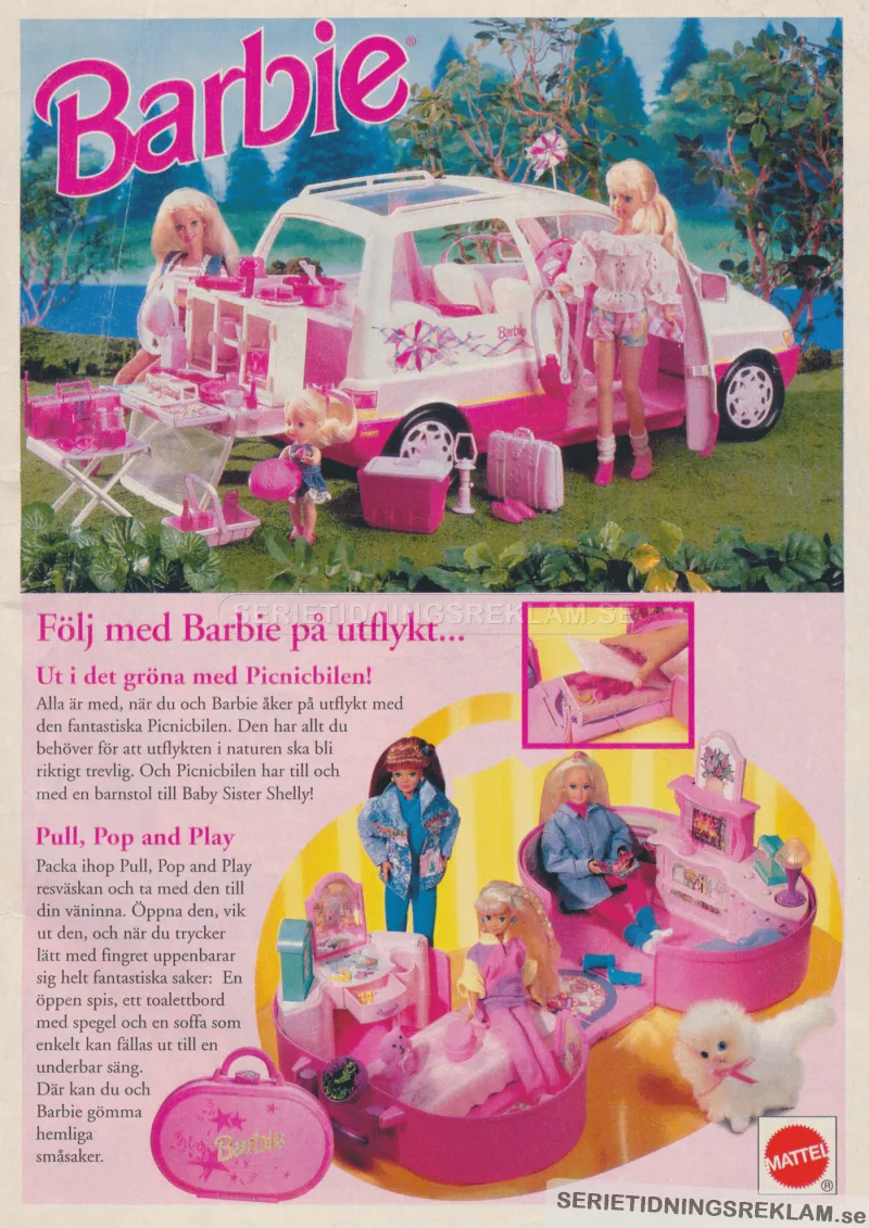 Reklam för dockan Barbie och två nya set med leksaker kring dockan