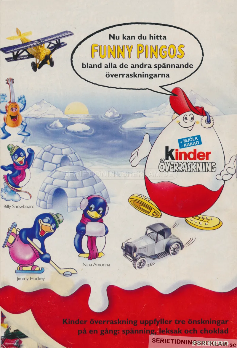 Reklam för Kinder ägg med de nya leksakerna Funny Pingus