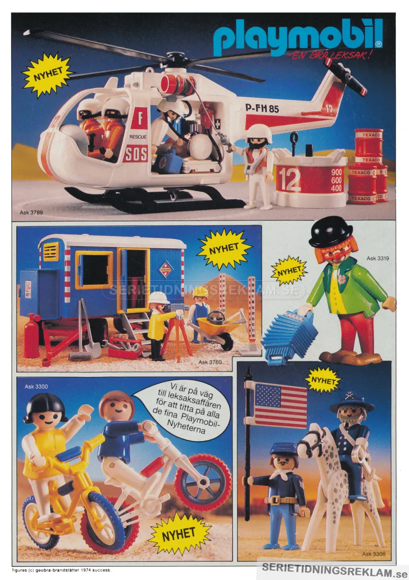 Reklam för nya modeller från Playmobil, bland annat med en clown som håller i ett dragspel