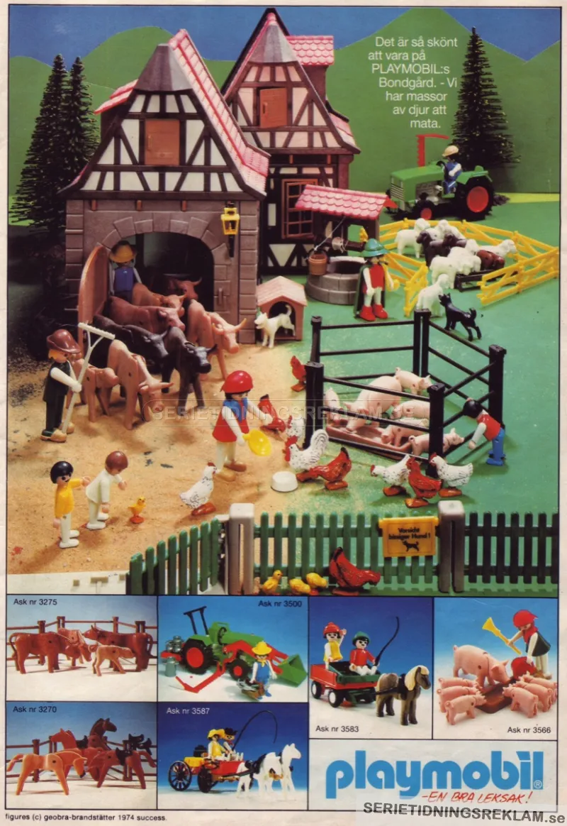 Annons för Playmobil med flera av deras leksaksserier är uppställda och uppvisade