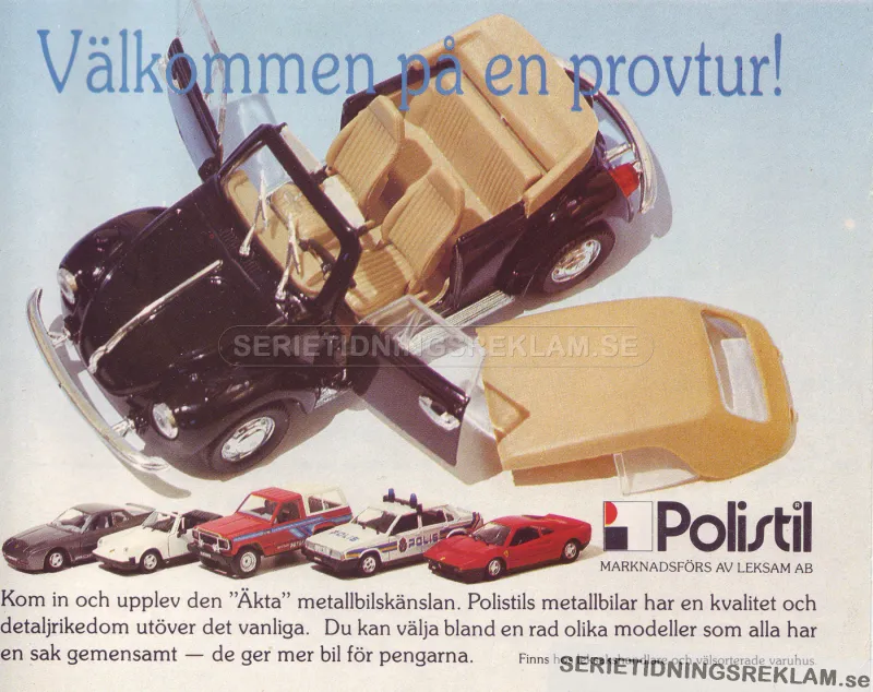 Reklam för leksaksbilstillverkaren Polistil med 6 stycken bilar uppradade på bilden