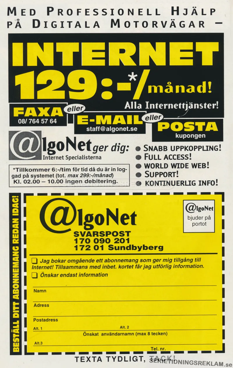 Reklam för Algonet som ger dig möjlighet att surfa på nätet
