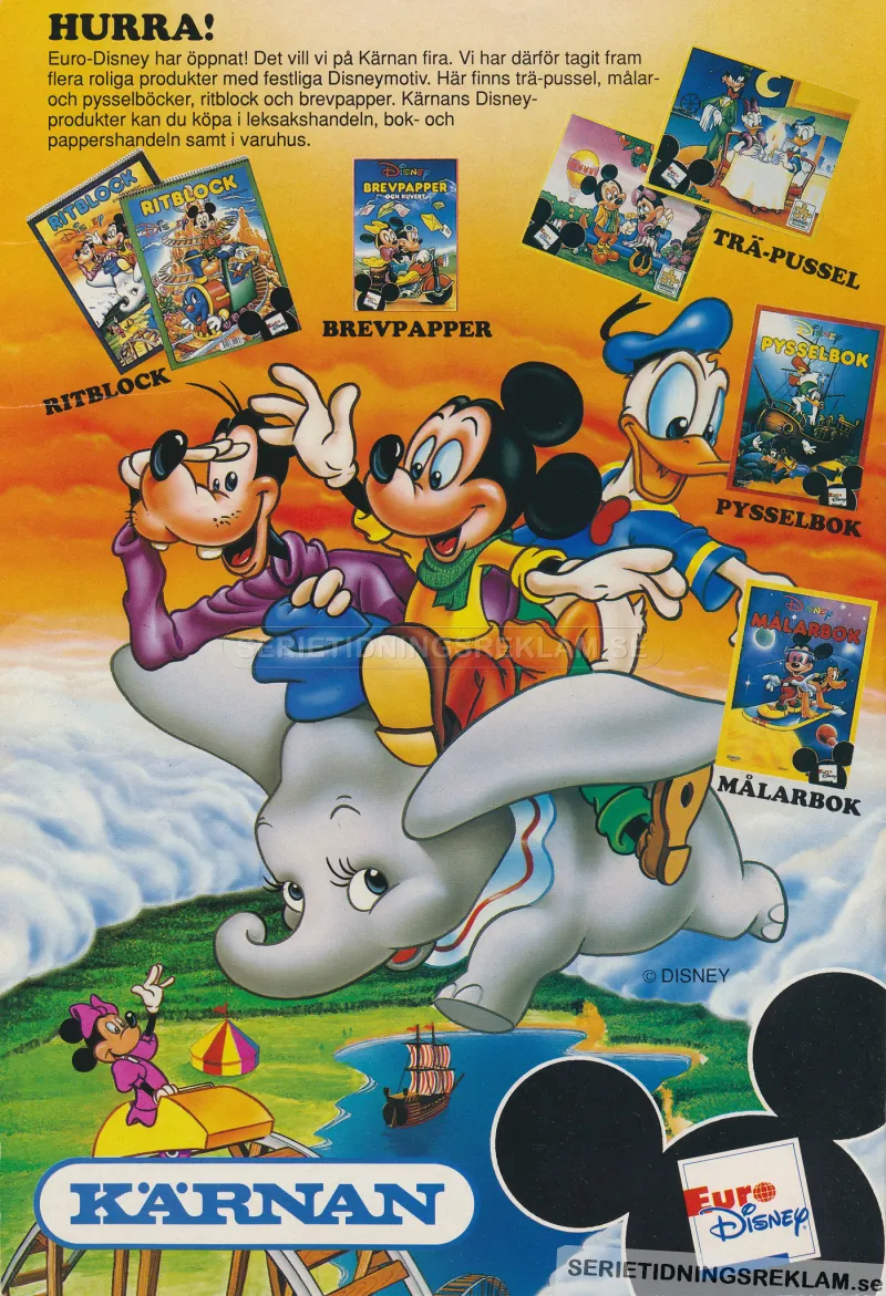 Annons för pussel med Disneymotiv. Vi kan se Långben, Musse, Kalle och Dumbo med flera. Kärnan står som avsändare på annonsen.