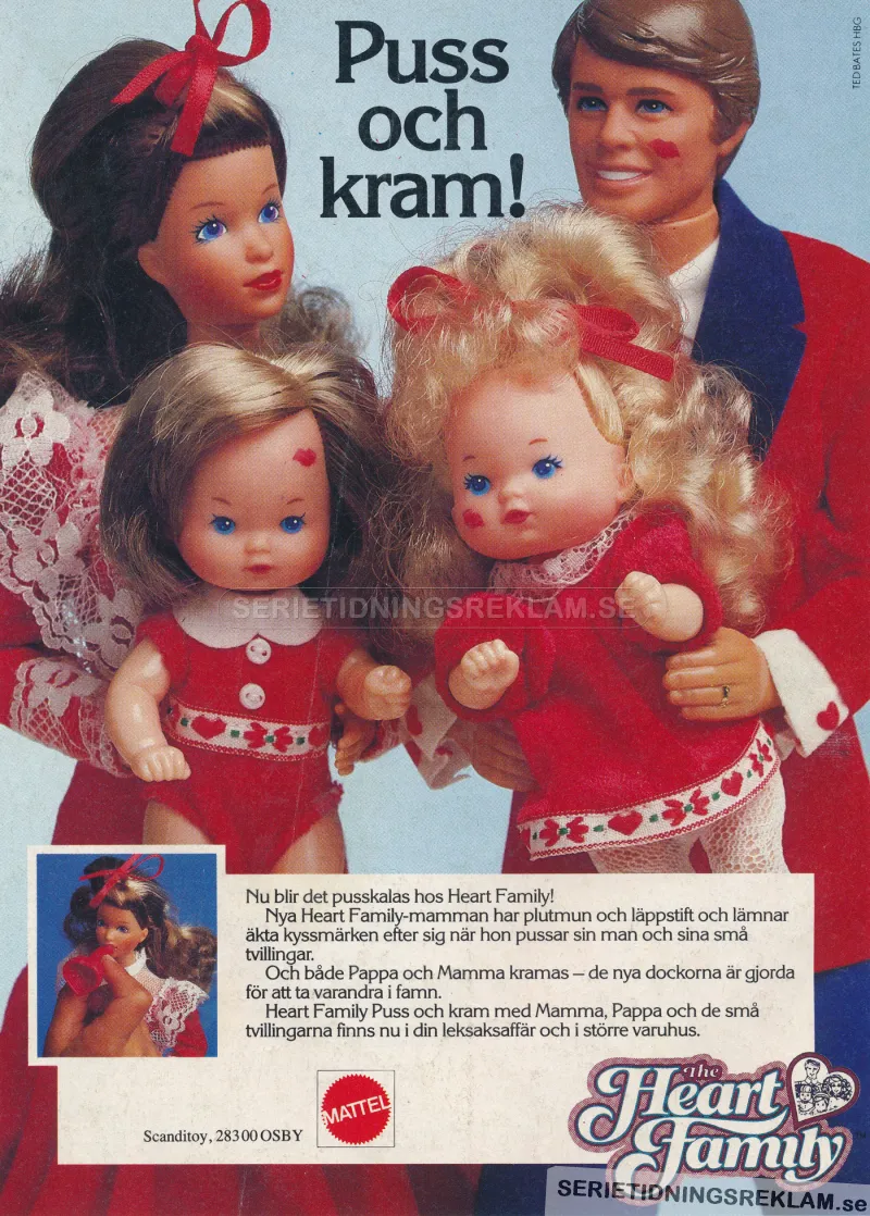 Närbild på fyra dockor. Annons för The Heart Family från Mattel.