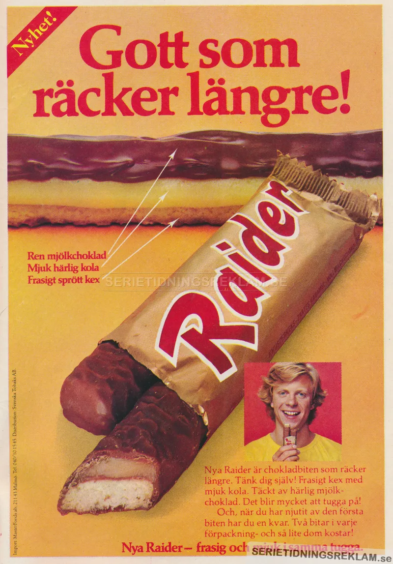 Annons för Raider där en närbild på chokladbiten och ett foto på en kille som äter den visar upp produkten