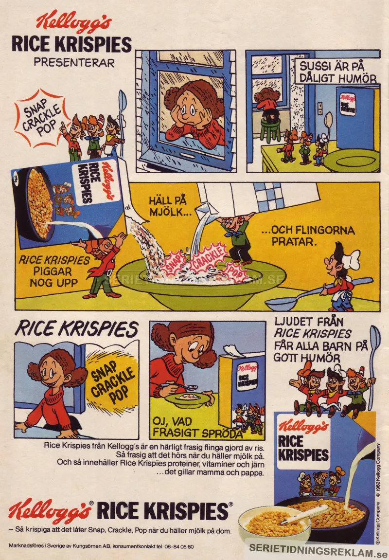 Reklam i serieformat där frukostflingemaskotarna Snap, Crackle och Pop muntrar upp Sussi med lite frukostflingor