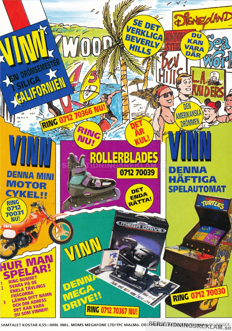 Reklam för olika 071-nummer som man kunde ringa för att tävla och vinna saker och resor