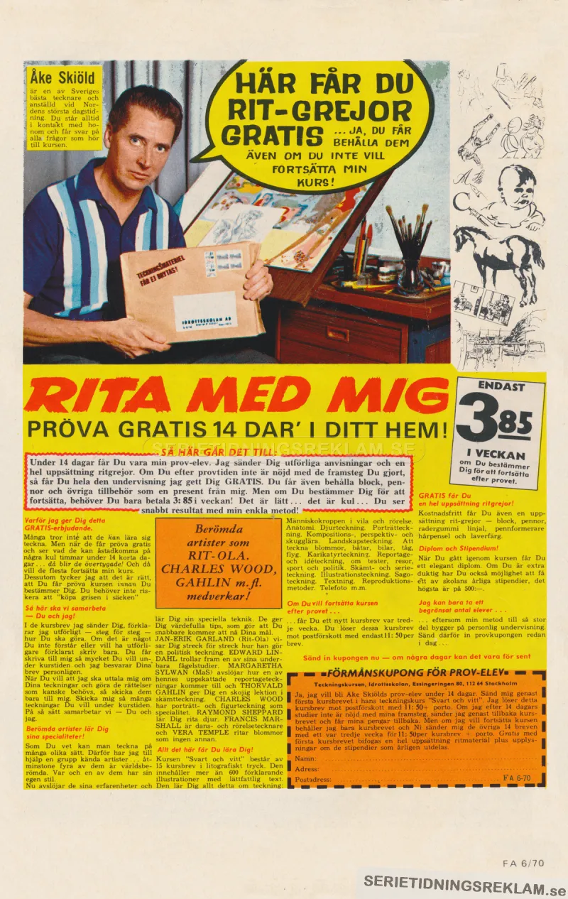 Reklam för Åke Skiölds teckningskurs från 1970